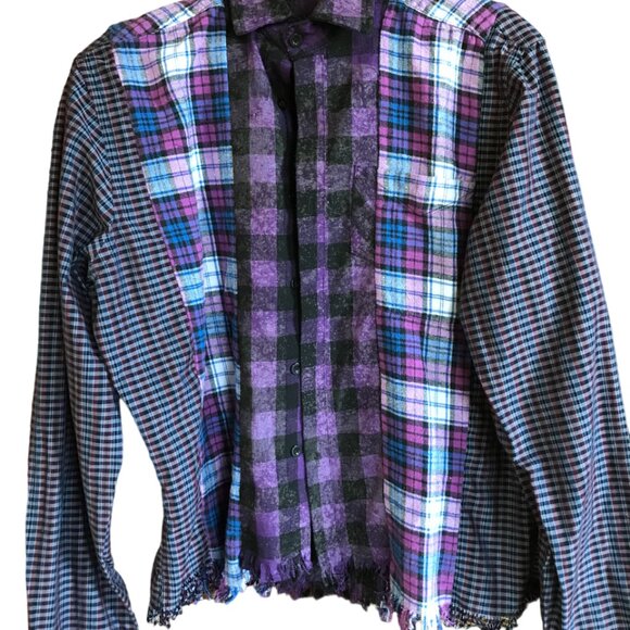 Mixed Print Button-Down Shirt, M: Upcycled Artsy Color Block Purple Black Top - Picture 10 of 12